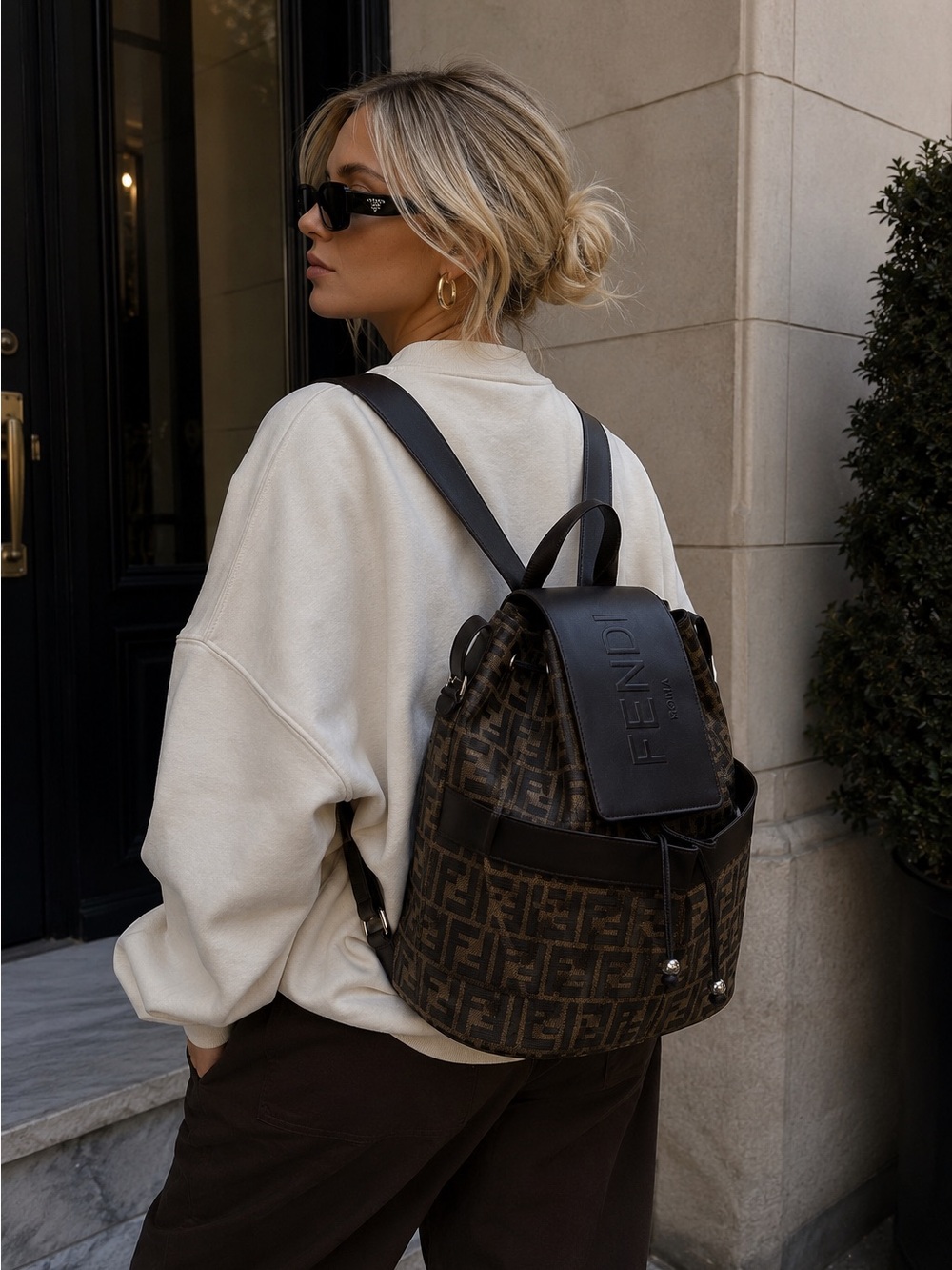 Fendi Brown Monogram Canvas Backpack with Black Leather Trim